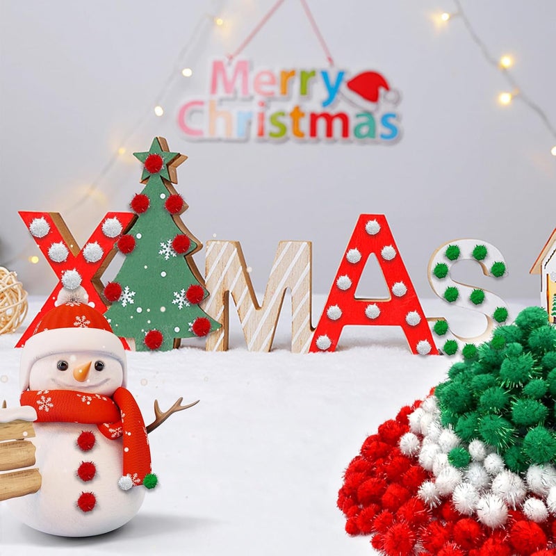 Allruyee 1500 Pieces Christmas Pom Pom Christmas Tinsel pom pom Glitter Pom Pom Balls for Craft Making and Hobby Supplies (4 Sizes, White, Red, Green) - Image 4